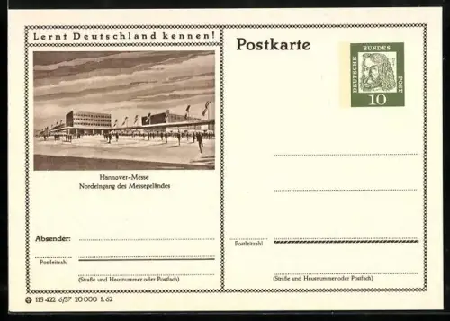 AK Hannover, Nordeingang des Messegeländes, Ganzsache Lernt Deutschland kennen