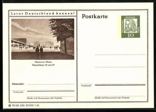AK Hannover, Messehäuser 18 und 19, Ganzsache Lernt Deutschland kennen
