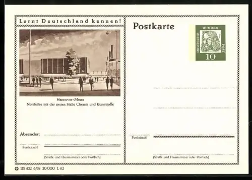 AK Hannover, Nordallee mit der neuen Halle Chemie und Kunststoffe, Ganzsache Lernt Deutschland kennen