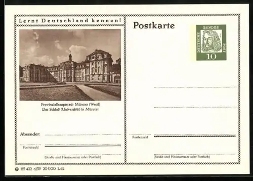 AK Münster /Westf., Blick zum Schloss, Ganzsache Lernt Deutschland kennen