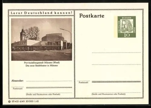 AK Münster /Westf., Neues Stadttheater, Ganzsache Lernt Deutschland kennen