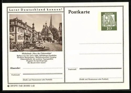 AK Michelstadt, Rathaus aus dem Jahre 1484, Ganzsache Lernt Deutschland kennen