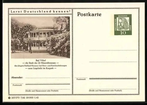 AK Bad Vilbel, Neue Liegehalle im Kurpark, Ganzsache Lernt Deutschland kennen