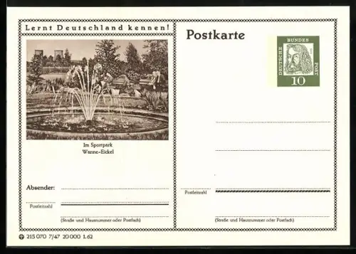 AK Wanne-Eickel, Im Sportpark, Ganzsache Lernt Deutschland kennen