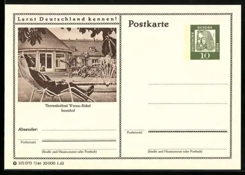AK Wanne-Eickel, Innenhof des Thermalbads, Ganzsache Lernt Deutschland kennen