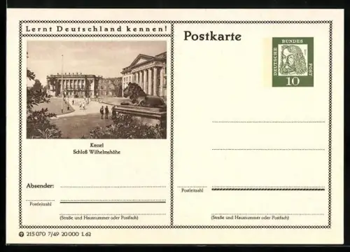 AK Kassel, Schloss Wilhelmshöhe, Ganzsache Lernt Deutschland kennen