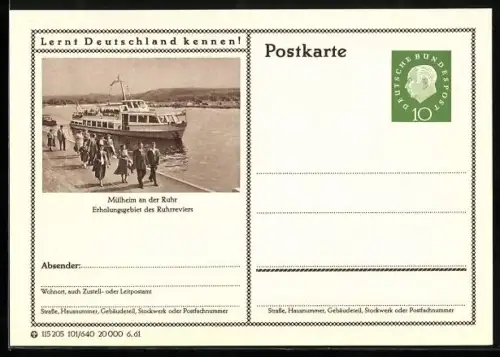 AK Mülheim an der Ruhr, Flusspartie mit Dampfer, Ganzsache Lernt Deutschland kennen
