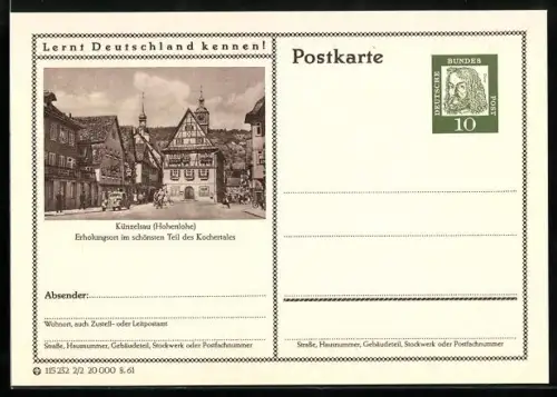 AK Künzelsau /Hohenlohe, Partie im Ort, Ganzsache Lernt Deutschland kennen