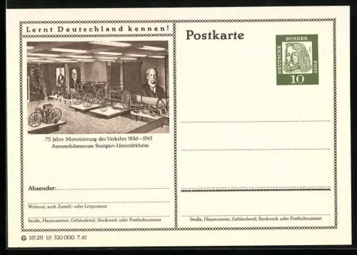 AK Stuttgart-Untertürkheim, 75 Jahre Motorisierung des Verkehrs 1961, Ganzsache Lernt Deutschland kennen