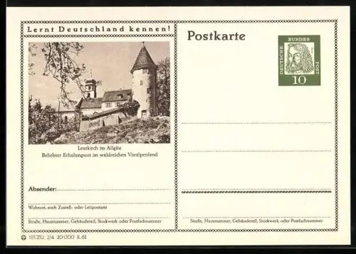 AK Leutkirche im Allgäu, Idyllische Ortspartie, Ganzsache Lernt Deutschland kennen