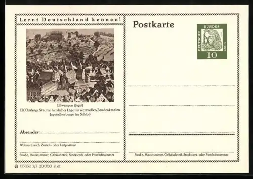 AK Ellwangen /Jagst, Jugendherberge im Schloss, Ganzsache Lernt Deutschland kennen