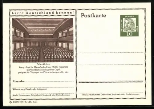 AK Gelsenkirchen, Kongresssaal im Hans Sachs Haus, Ganzsache Lernt Deutschland kennen