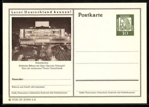 AK Gelsenkirchen, Städtische Bühnen, Ganzsache Lernt Deutschland kennen