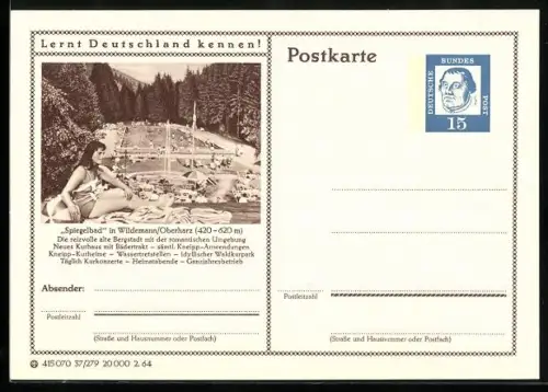 AK Wildemann /Oberharz, Schwimmbad beim Kurhaus, Ganzsache Lernt Deutschland kennen