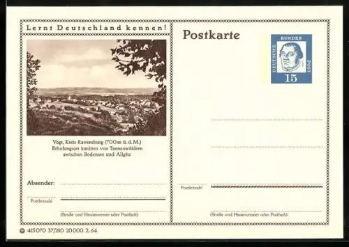 AK Vogt /Ravensburg, Blick auf den Ort, Ganzsache Lernt Deutschland kennen