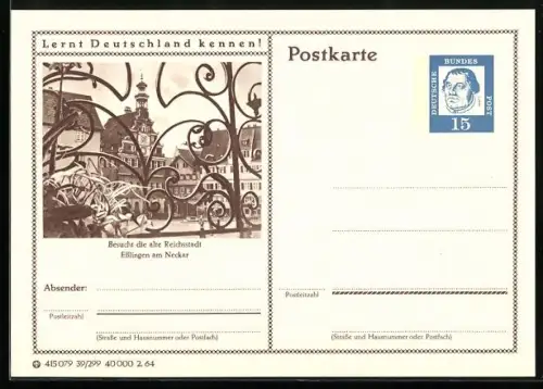 AK Esslingen an Neckard, Blick durch einen Zaun, Ganzsache Lernt Deutschland kennen