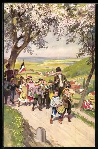 Künstler-AK Paul Hey: Verein für das Deutschtum im Ausland, Der Mai ist gekommen, Schulklasse beim Ausflug