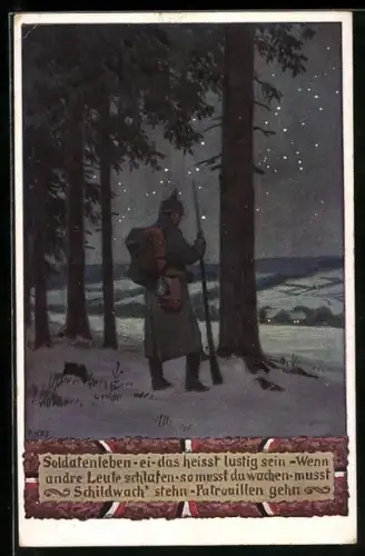 Künstler-AK Paul Hey: Verein für das Deutschtum im Ausland, Soldat in Uniform hält Wache im Wald