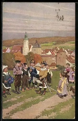 Künstler-AK Paul Hey: Verein für das Deutschtum im Ausland, Kinder mit Pickelhauben beim Salutieren