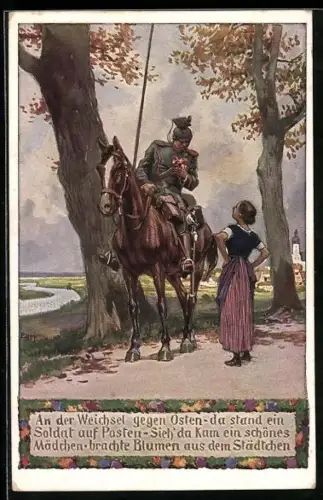 Künstler-AK Paul Hey: Verein für das Deutschtum im Ausland, Frau bringt einem Soldaten Blumen