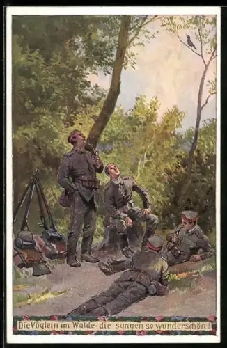Künstler-AK Paul Hey: Verein für das Deutschtum im Ausland, Soldaten beobachten singende Vögel