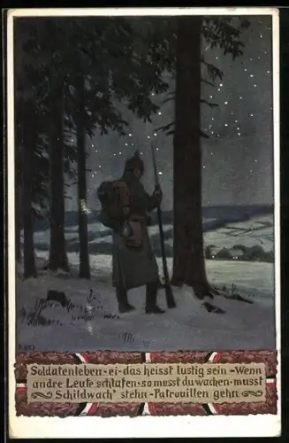 Künstler-AK Paul Hey: Verein für das Deutschtum im Ausland, Soldat in Uniform hält Wache im Wald