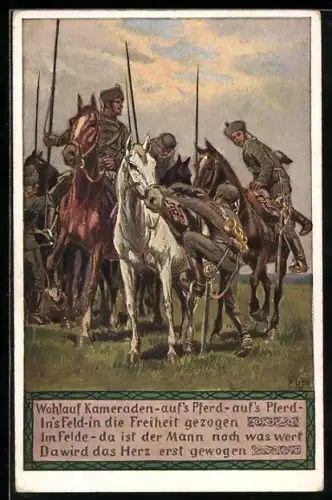 Künstler-AK Paul Hey: Verein für das Deutschtum im Ausland, Soldaten steigen auf ihre Pferde