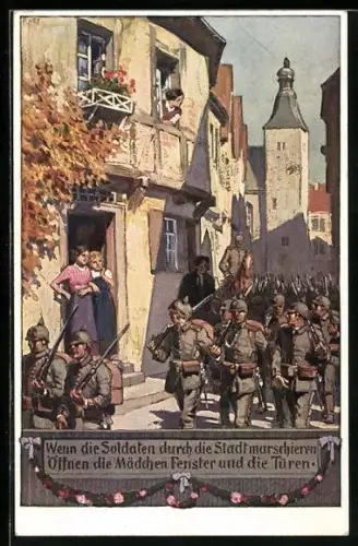 Künstler-AK Paul Hey: Verein für das Deutschtum im Ausland, Soldaten marschieren durch eine Stadt