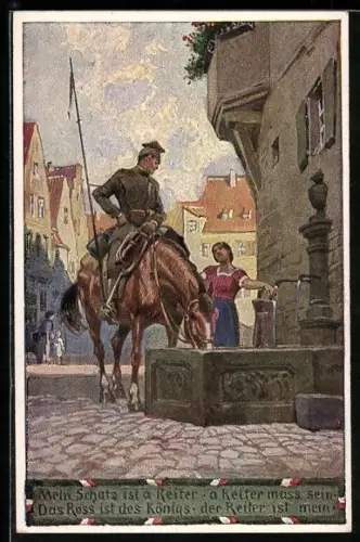 Künstler-AK Paul Hey: Verein für das Deutschtum im Ausland, Ulan trifft Mädchen am Brunnen