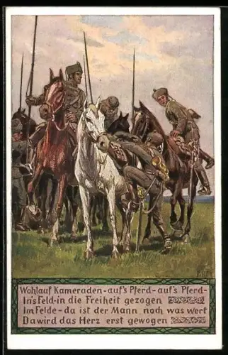 Künstler-AK Paul Hey: Verein für das Deutschtum im Ausland, Soldaten steigen auf ihre Pferde