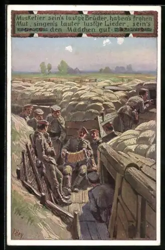 Künstler-AK Paul Hey: Verein für das Deutschtum im Ausland, Musizierende Soldaten im Schützengraben
