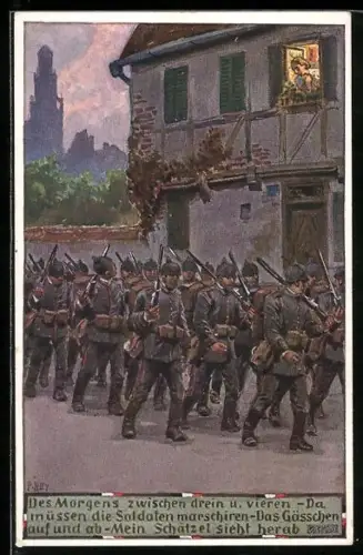 Künstler-AK Paul Hey: Verein für das Deutschtum im Ausland, Soldaten in Uniformen beim Aufmarsch