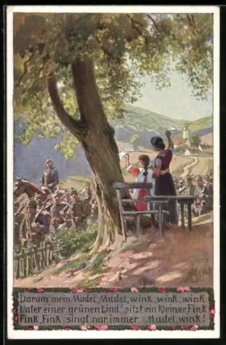 Künstler-AK Paul Hey: Verein für das Deutschtum im Ausland, Mutter und Kind verabschieden Soldaten