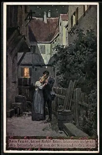 Künstler-AK Paul Hey: Verein für das Deutschtum im Ausland, Liebespaar trifft sich heimlich bei Nacht