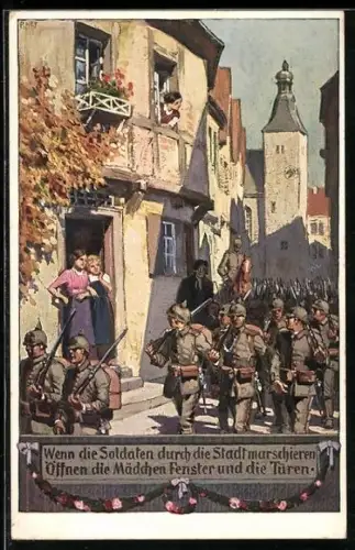 Künstler-AK Paul Hey: Verein für das Deutschtum im Ausland, Soldaten marschieren durch die Stadt