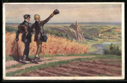 Künstler-AK Paul Hey: Verein für das Deutschtum im Ausland, Zwei Wanderer auf einem Feld
