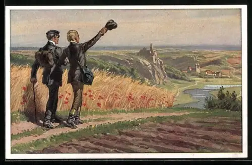 Künstler-AK Paul Hey: Verein für das Deutschtum im Ausland, Zwei Männer wandern über ein Feld