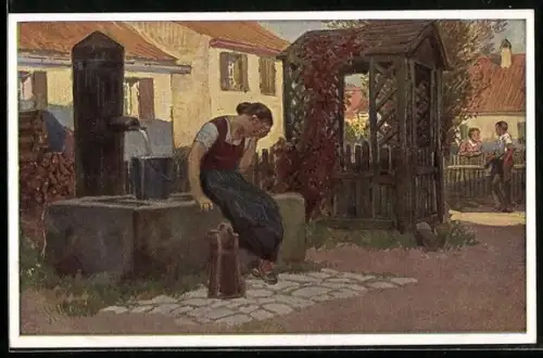 Künstler-AK Paul Hey: Verein für das Deutschtum im Ausland, Weinende Frau am Brunnen