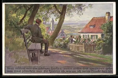 Künstler-AK Paul Hey: Verein für das Deutschtum im Ausland, Eifersüchtiger Soldat beobachtet ein Paar