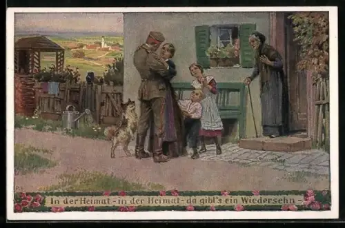 Künstler-AK Paul Hey: Verein für das Deutschtum im Ausland, Soldat in Uniform kehrt nach Hause zurück
