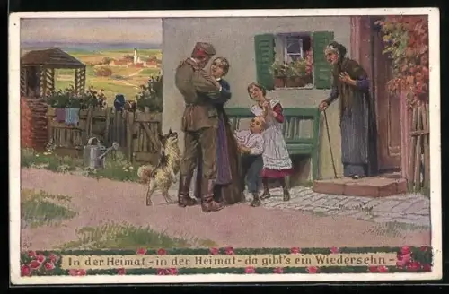 Künstler-AK Paul Hey: Verein für das Deutschtum im Ausland, Soldat in Uniform kehrt nach Hause zurück