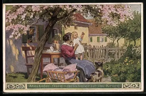 Künstler-AK Paul Hey: Verein für das Deutschtum im Ausland, Mutter mit kleinem Kind am Gartentisch