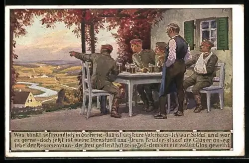 Künstler-AK Paul Hey: Verein für das Deutschtum im Ausland, Soldaten vor einem Wirtshaus