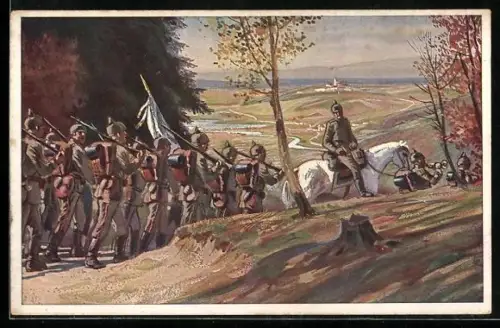 Künstler-AK Paul Hey: Verein für das Deutschtum im Ausland, Soldaten ziehen ins Felde