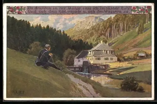 Künstler-AK Paul Hey: Verein für das Deutschtum im Ausland, Wanderer sitzt an einer Wassermühle