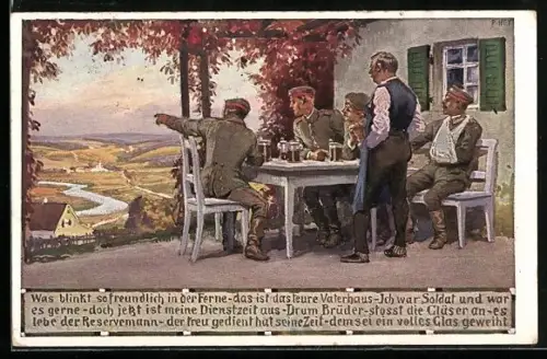 Künstler-AK Paul Hey: Verein für das Deutschtum im Ausland, Soldaten vor einem Wirtshaus