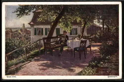 Künstler-AK Paul Hey: Verein für das Deutschtum im Ausland, Ferienzeit, Lesender Mann im Garten