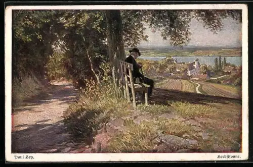 Künstler-AK Paul Hey: Verein für das Deutschtum im Ausland, Älterer Mann sitzt auf einer Bank, Herbstsonne