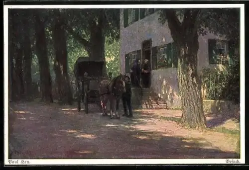 Künstler-AK Paul Hey: Verein für das Deutschtum im Ausland, Besuch, Kutsche vor einer Haustür