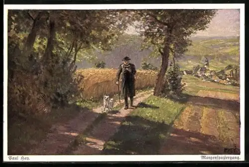 Künstler-AK Paul Hey: Verein für das Deutschtum im Ausland, Pfarrer mit Hund beim Morgenspaziergang